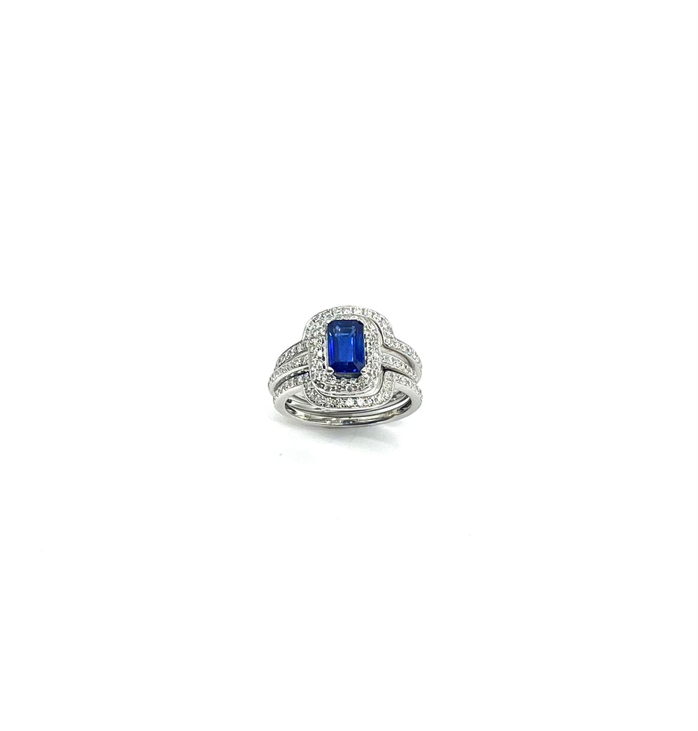 White Gold Sapphire and Diamond Halo Wedding Set