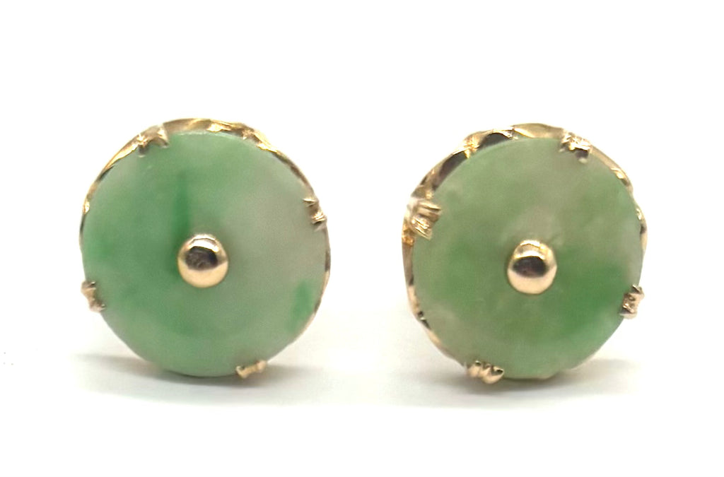 18k Green Jade Flower Screw Back Earrings