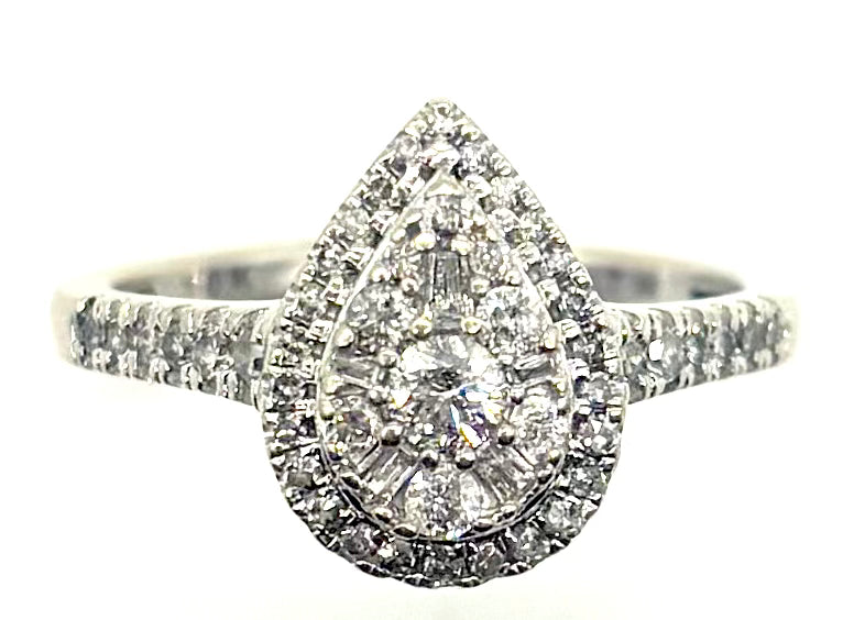 Diamond ring with a pear-shaped center stone and halo on a white background
