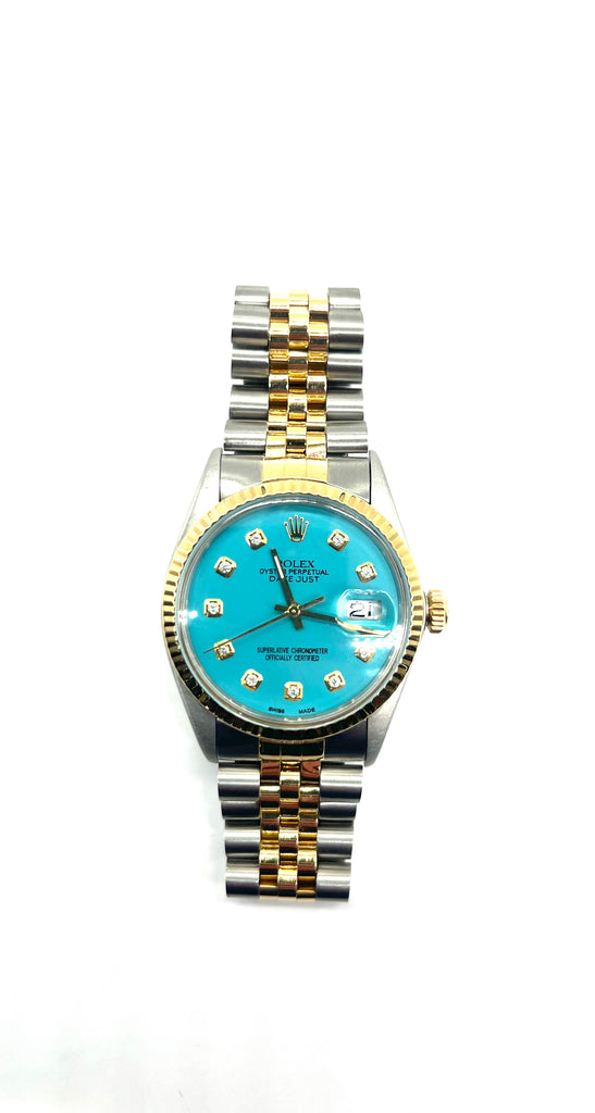 36mm Two Tone Rolex Date Just with Tiffany Blue Diamond Dial