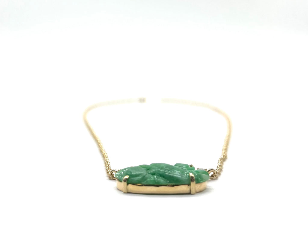 14k Carved Jade Bird Station Necklace flat