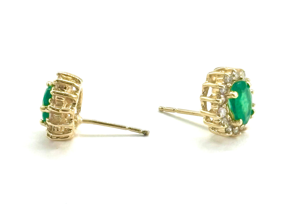 Oval Emerald and Diamond Stud Earrings sides