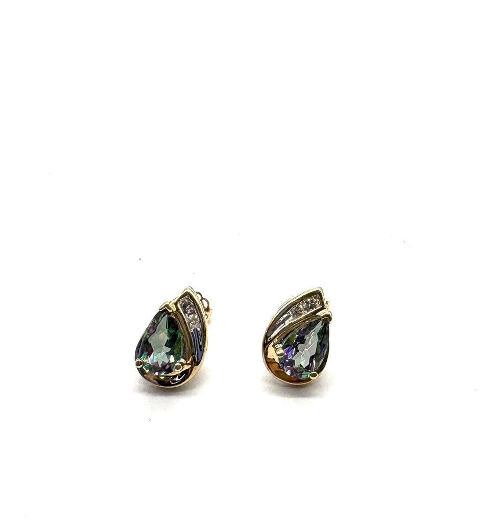 Gold earrings with teardrop-shaped gemstones on a white background