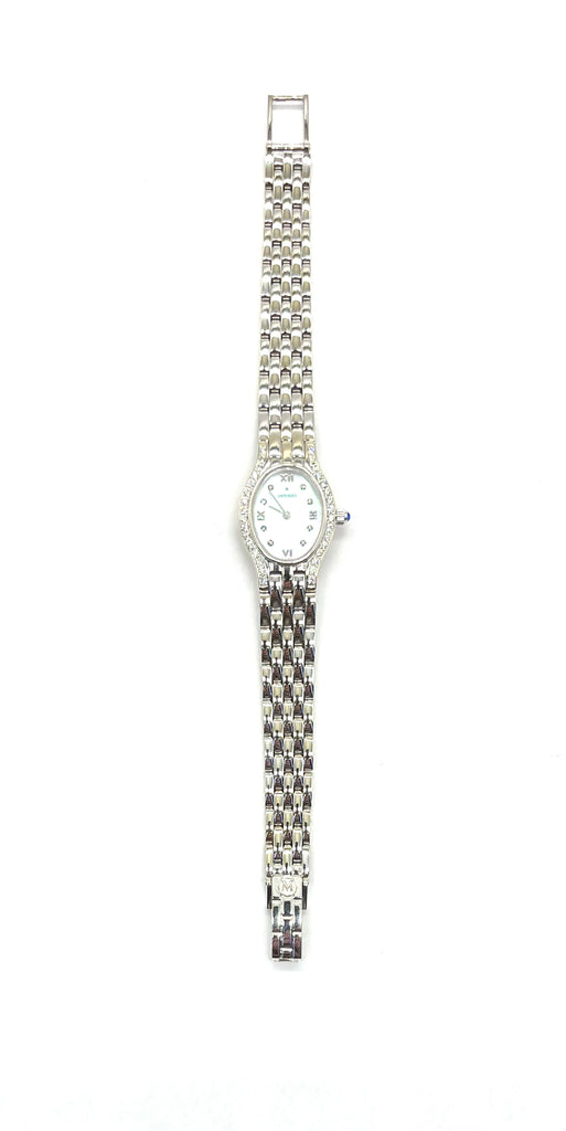 Silver watch with a detailed bracelet on a white background