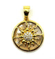 .925 Sterling Silver Gold Plated Mother of Pearl CZ Sun Cutout Pendant Gold pendant with sun design and diamond center on a white background