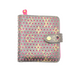 Small gray textured pouch with pink and yellow floral pattern on a white background