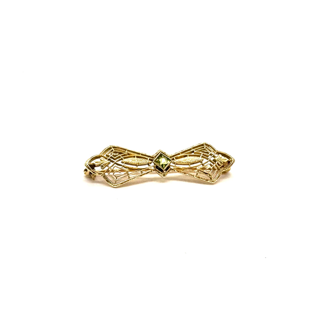 Vintage 14K Peridot Filagree Bow Pin