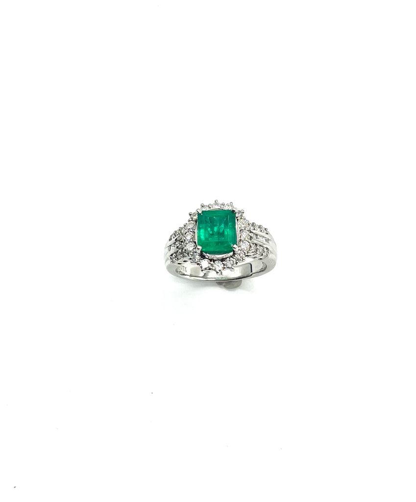 Platinum Emerald and Diamond Halo Ring