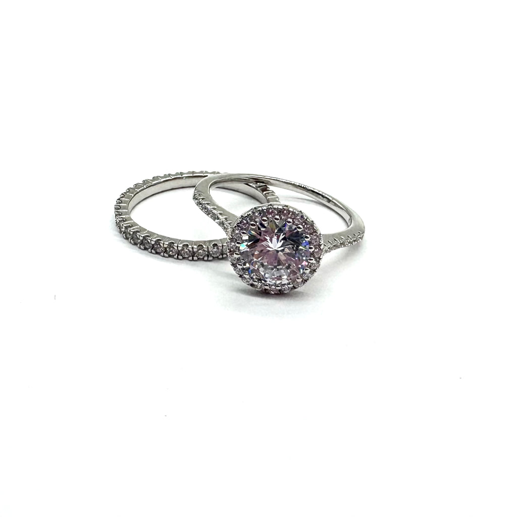 Sterling Silver CZ Halo Wedding Set