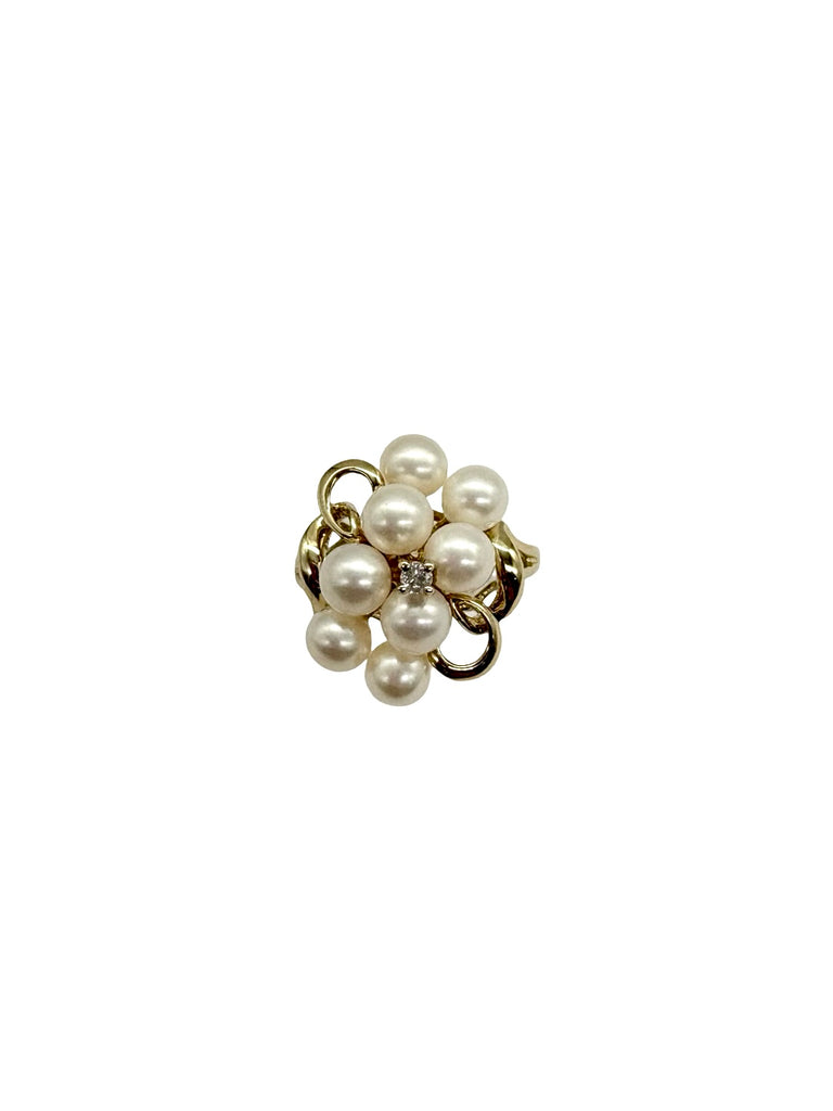14K Yellow Gold Diamond and White Pearl Cluster Cathedral Ring