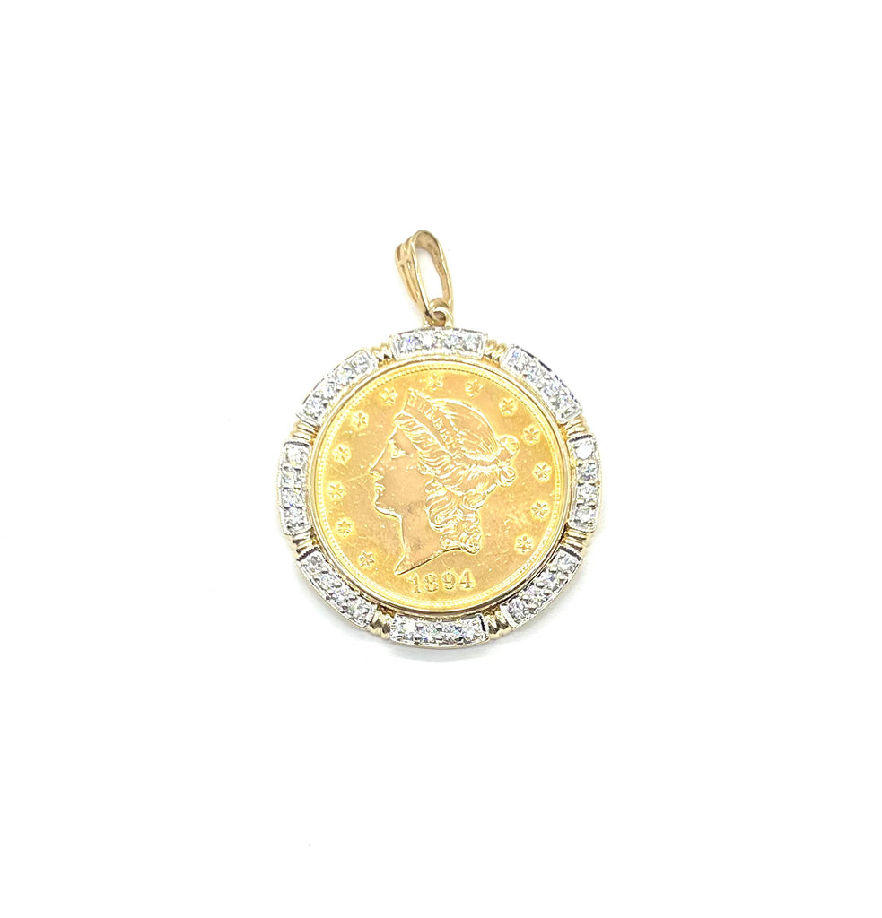 1894 $20 Gold Liberty Coin Pendant in 3ctw Diamond Bezel