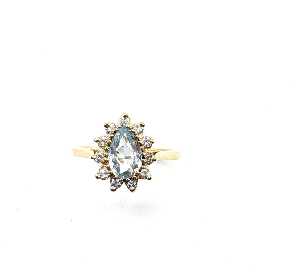 14k Aquamarine Pear Halo Ring