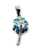 .925 Sterling Silver Blue Opal Inlay Palm Tree Pendant Pendant shaped like a palm tree with blue accents on a white background