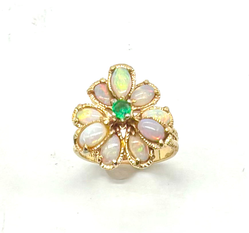 Opal Flower with Emerald Center Textured Ring