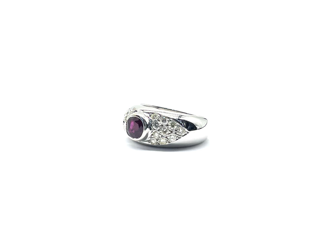 18k White Gold Bezel Set Ruby and Diamond Ring angle