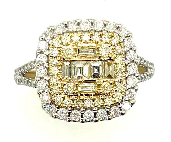 Gold ring with diamond accents on a white background