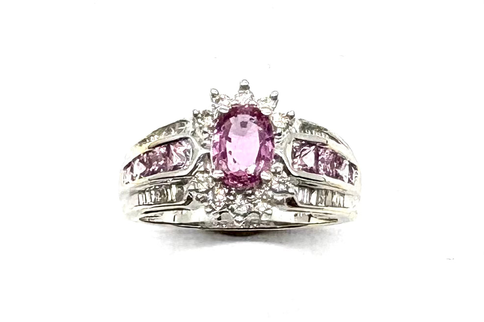 14k White Gold Diamond and Pink Stone Halo Ring