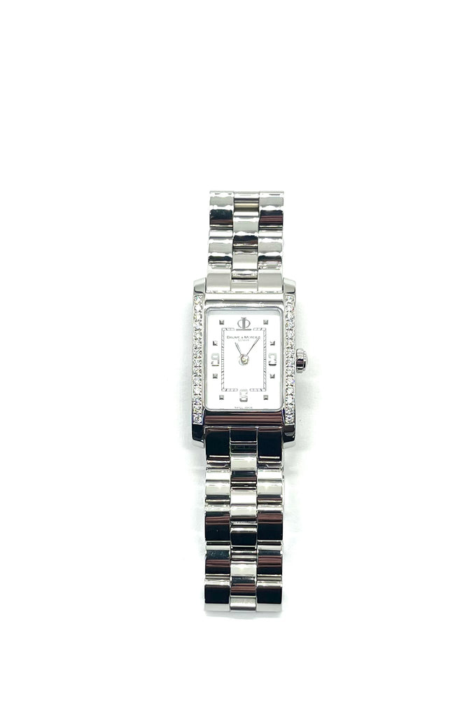 Silver watch with a rectangular face on a white background