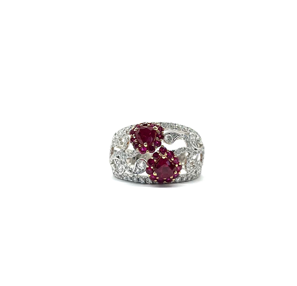 18k White Gold Ruby and Diamond Floral Cutout Ring