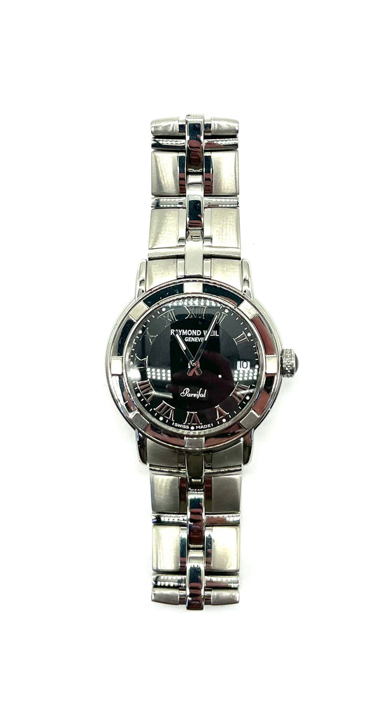 Silver watch with black face on a white background