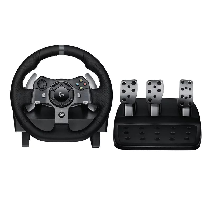  Logitech G920 Driving Force Racing Wheel with pedal set, featuring leather-wrapped wheel and paddle shifters for Xbox and PC.

