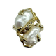 14K Yellow Gold Baroque Pearl Diamond Accent Freeform Ring Gold ring with two large pearls and smaller diamonds on a white background