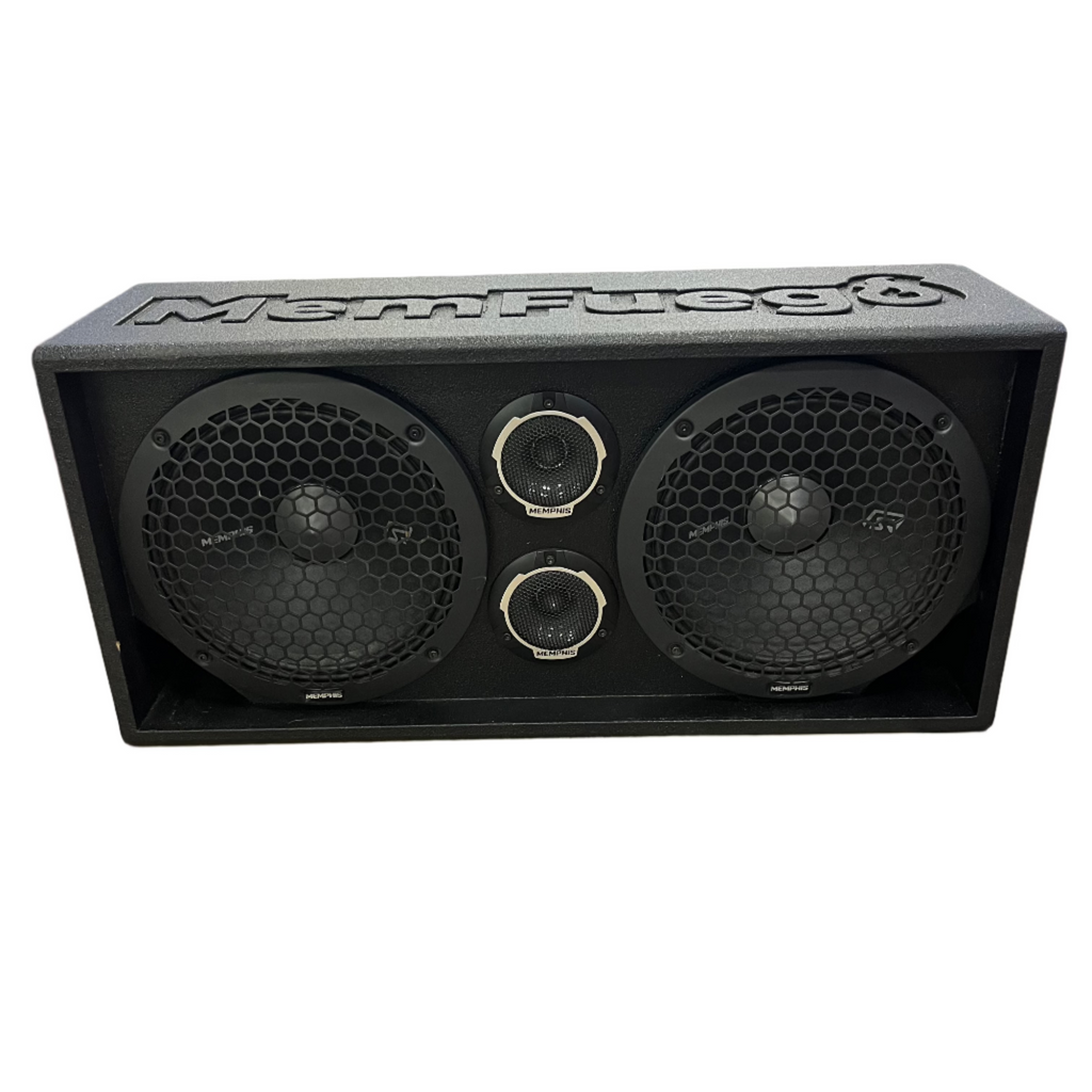 Front view of Memphis Audio SRXPE10D4T MemFuego Dual 10-inch speaker enclosure with RGB lighting