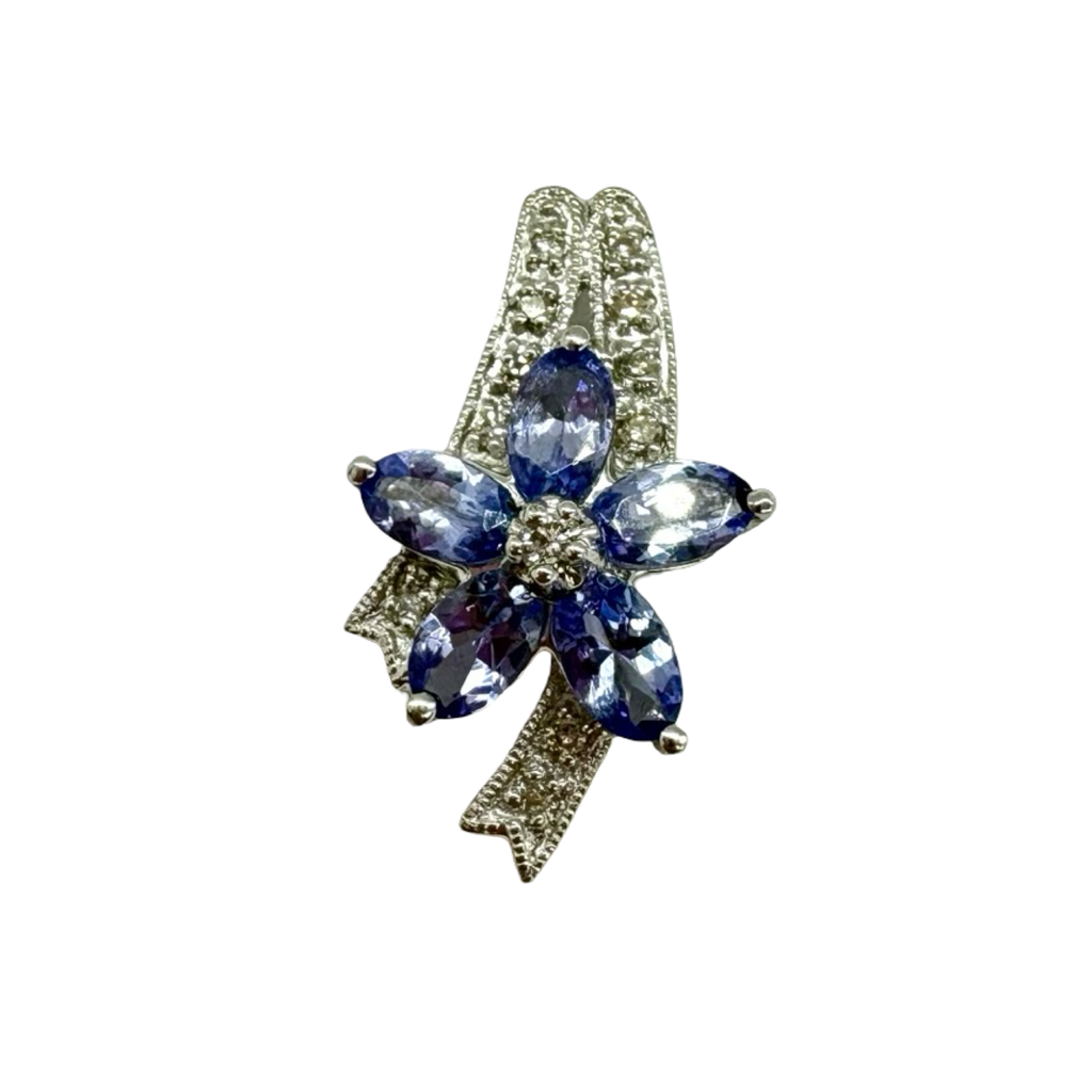 Jewelry item with blue gemstones and silver accents on a white background