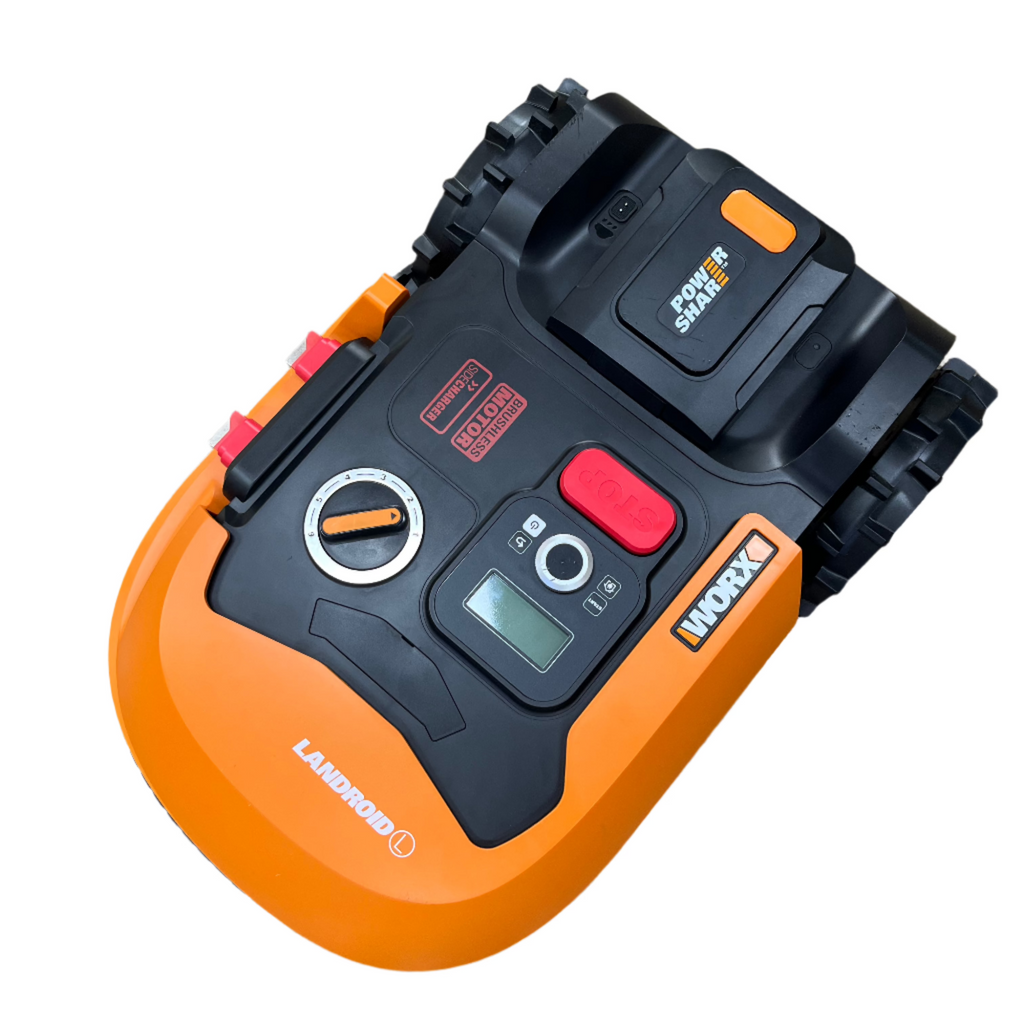 Front view of Worx WR155 Landroid 20V robotic lawn mower on grass