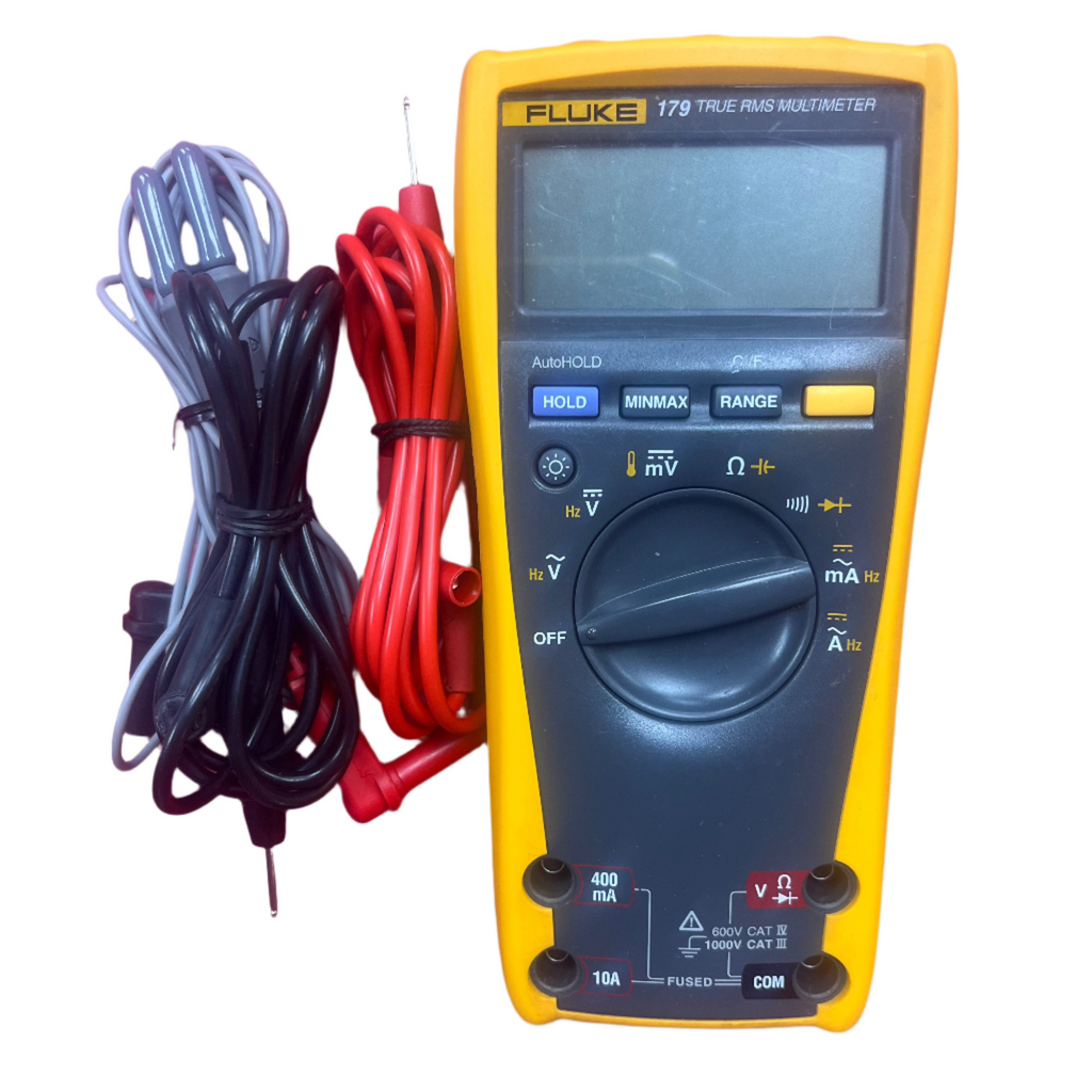 Fluke 179 True-RMS Digital Multimeter with test leads and rotary selector, shown with backlit screen ready for voltage testing.