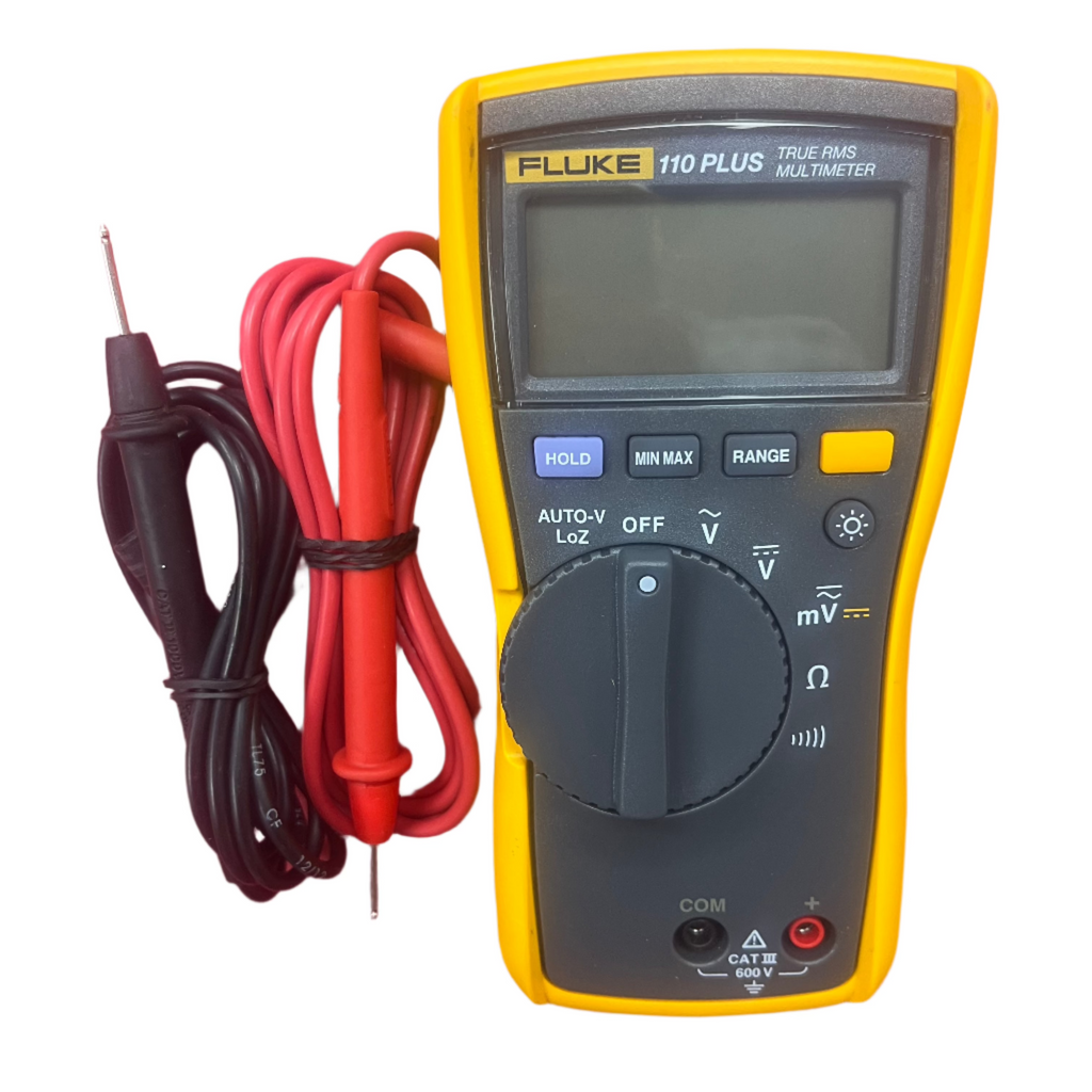 Fluke 110 Plus True-RMS Digital Multimeter with compact form, backlit display, and standard test lead inputs.
