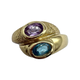 10K Yellow Gold Blue Topaz and Amethyst Textured Bypass Ring Gold ring with purple and blue gemstones on a white background