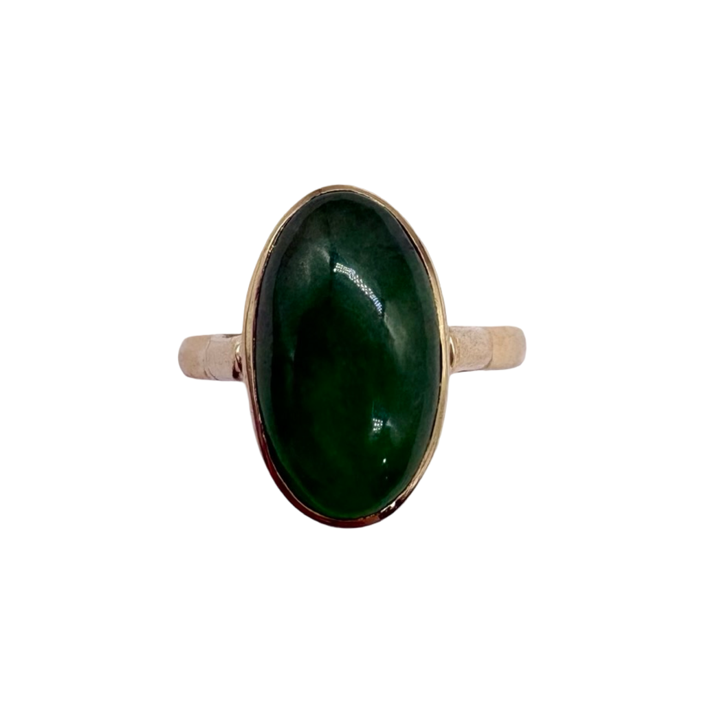 Ring with a green stone and gold band on a white background