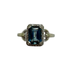 14K White Gold 1/4CTW Diamond Halo Emerald Cut Blue Topaz Ring Ring with a blue gemstone and silver band on a white background