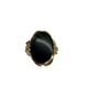 14K Yellow Gold Oval Black Onyx Half Bezel Floral Framed Ring Gold ring with a large black stone on a white background