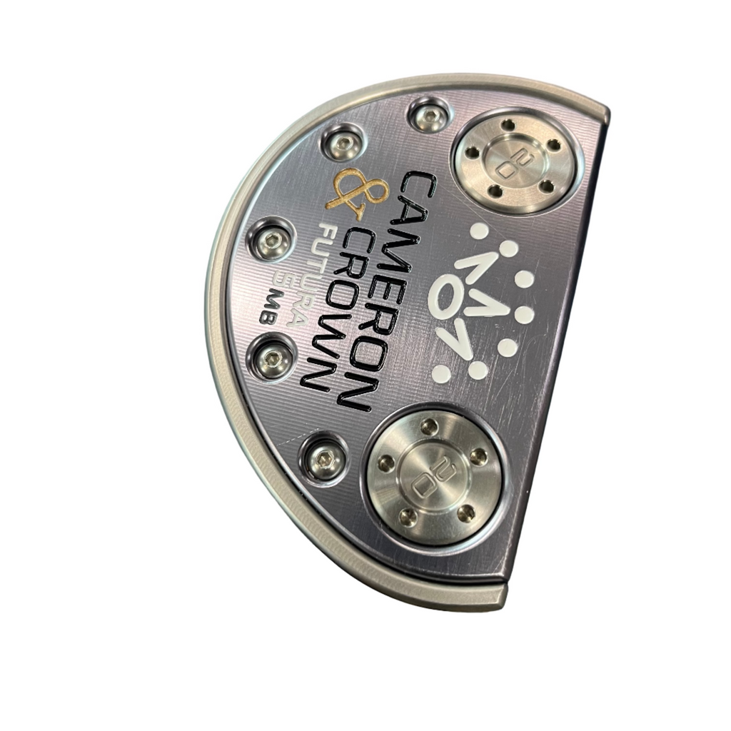 Golf club head with Cameron Crown branding on a blue background