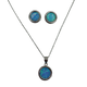 .925 Sterling Silver Round Blue Opal Necklace and Earring Set Jewelry set with pendant, necklace, and earrings featuring blue opal stones on a white background.