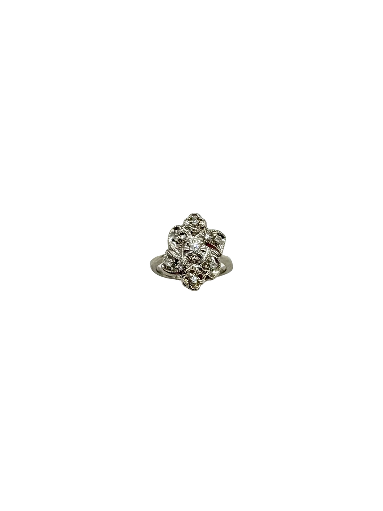 Vintage 14K White Gold Diamond Art Deco Flower Ring