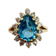 14K Yellow Gold 1/2CTW Diamond Pear Blue Topaz Halo Ring Ring with a blue teardrop gemstone and gold accents on a white background