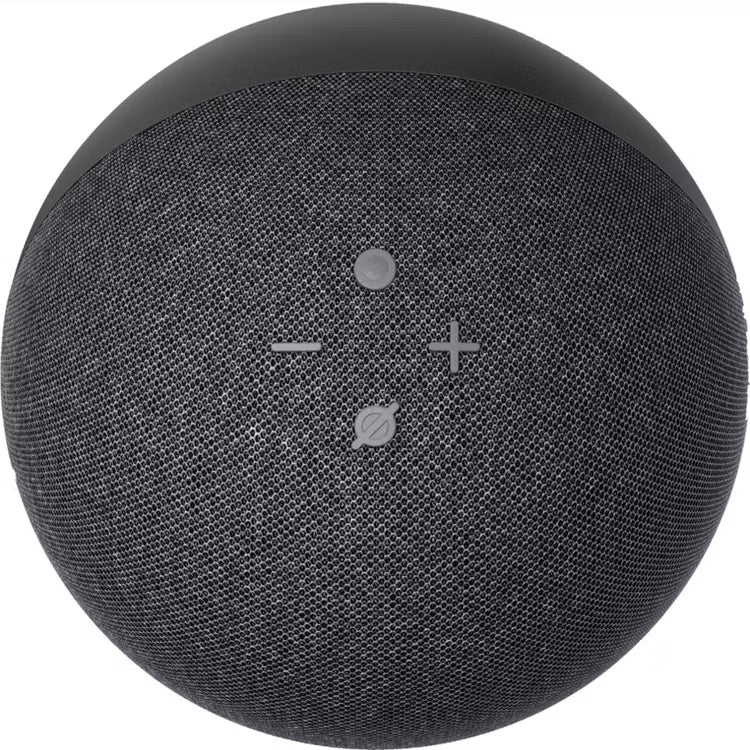 Black spherical smart speaker with control buttons on a white background
