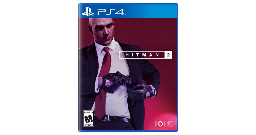 Game case for 'Hitman 2' on PS4 with a character holding a gun on a red and blue background.