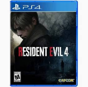 Resident Evil 4 game case for PS4 with a dark cover featuring a character.
