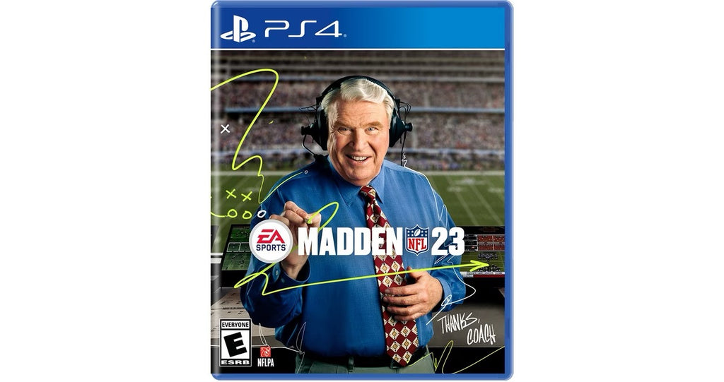 Madden NFL 23 game cover for PS4 with a coach in a blue shirt and headset.