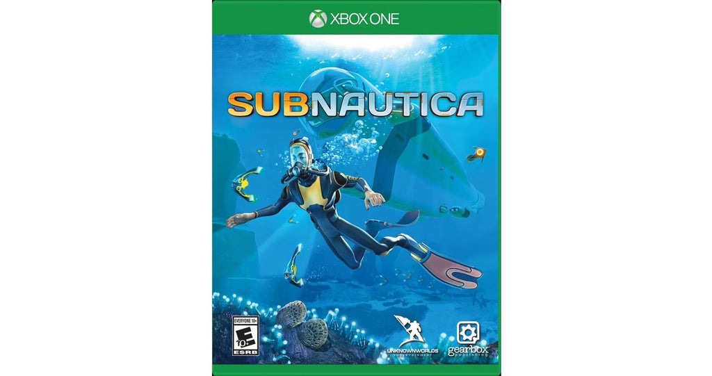 Subnautica game box for Xbox One with a diver underwater on a blue background