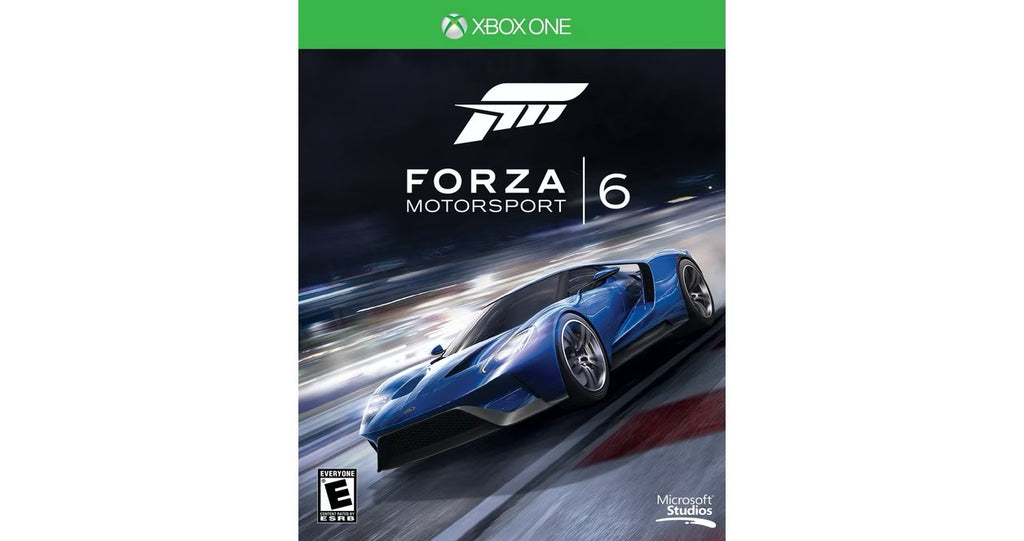 Forza Motorsport 6 game cover for Xbox One with a blue racing car on a white background.