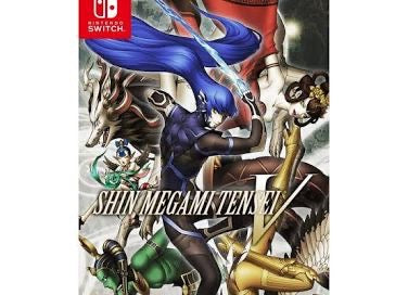 Shin Megami Tensei game cover for Nintendo Switch with characters and sword on a colorful background.