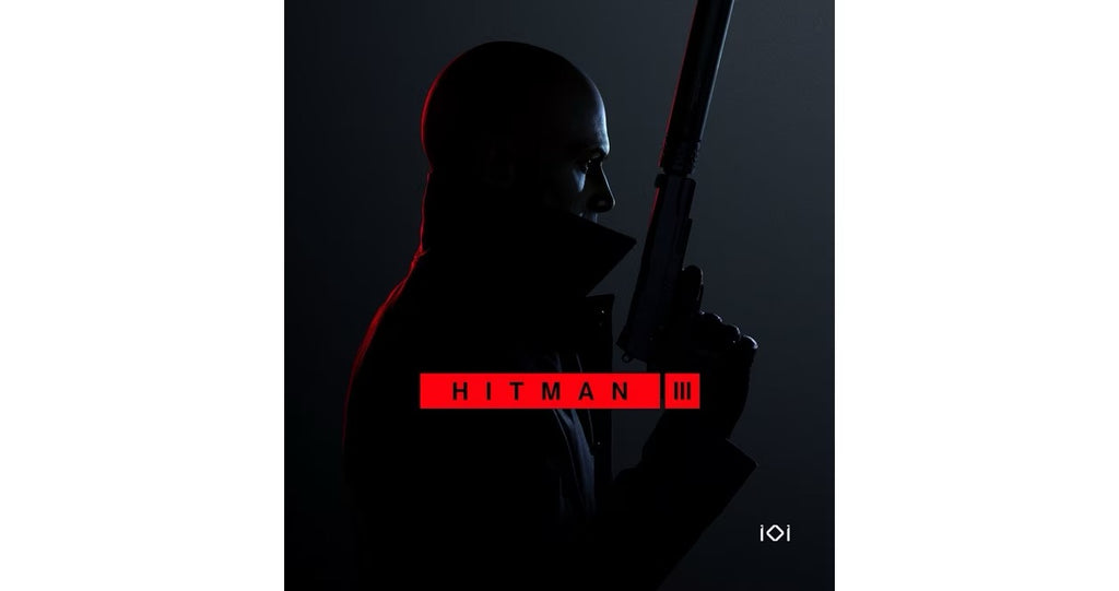 Silhouette of a character holding a gun with 'Hitman 3' logo in red on a dark background