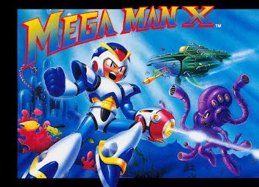 Mega Man X game cover with robot character and octopus enemy on a blue background