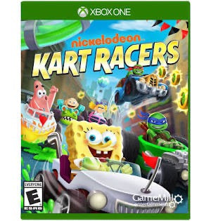 Xbox One game cover for 'Nickelodeon Kart Racers' featuring cartoon characters in racing cars.