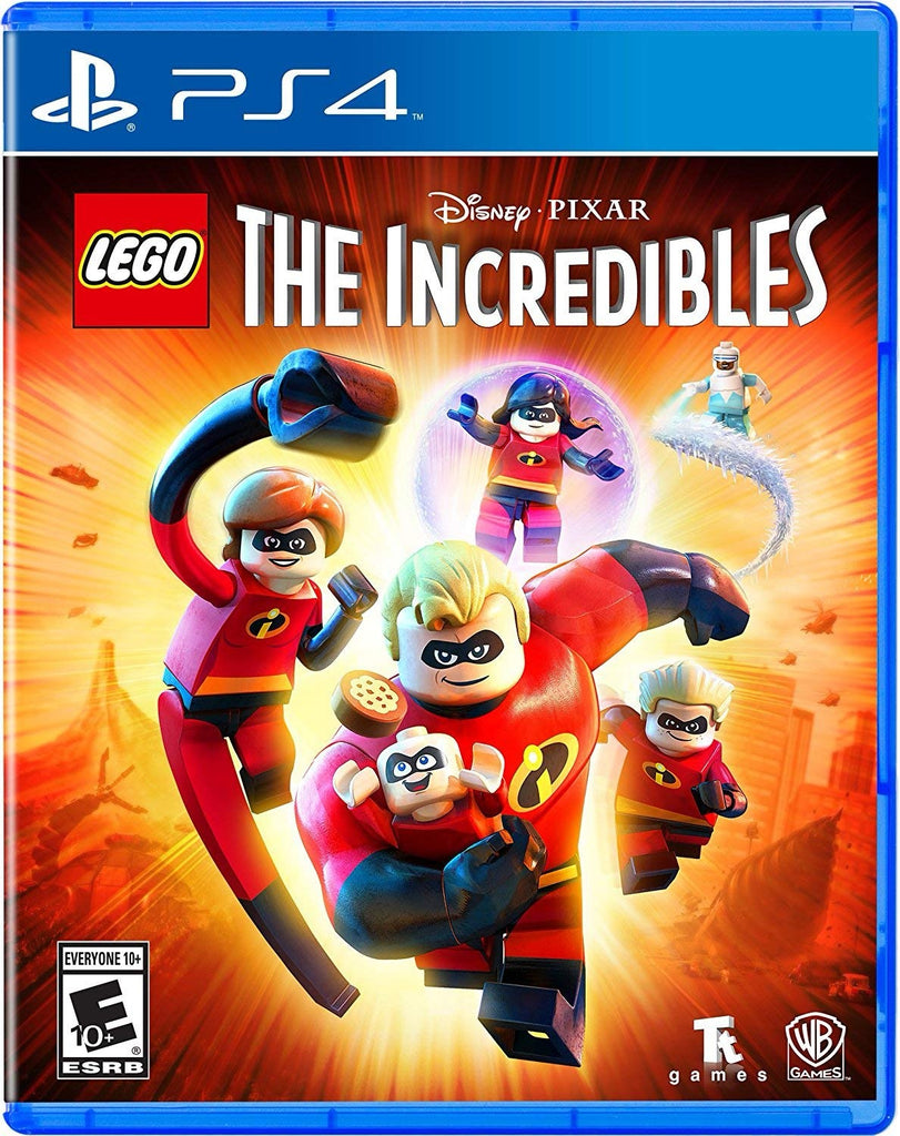 PlayStation 4 game case for 'LEGO The Incredibles' with superhero characters on a blue and orange background.